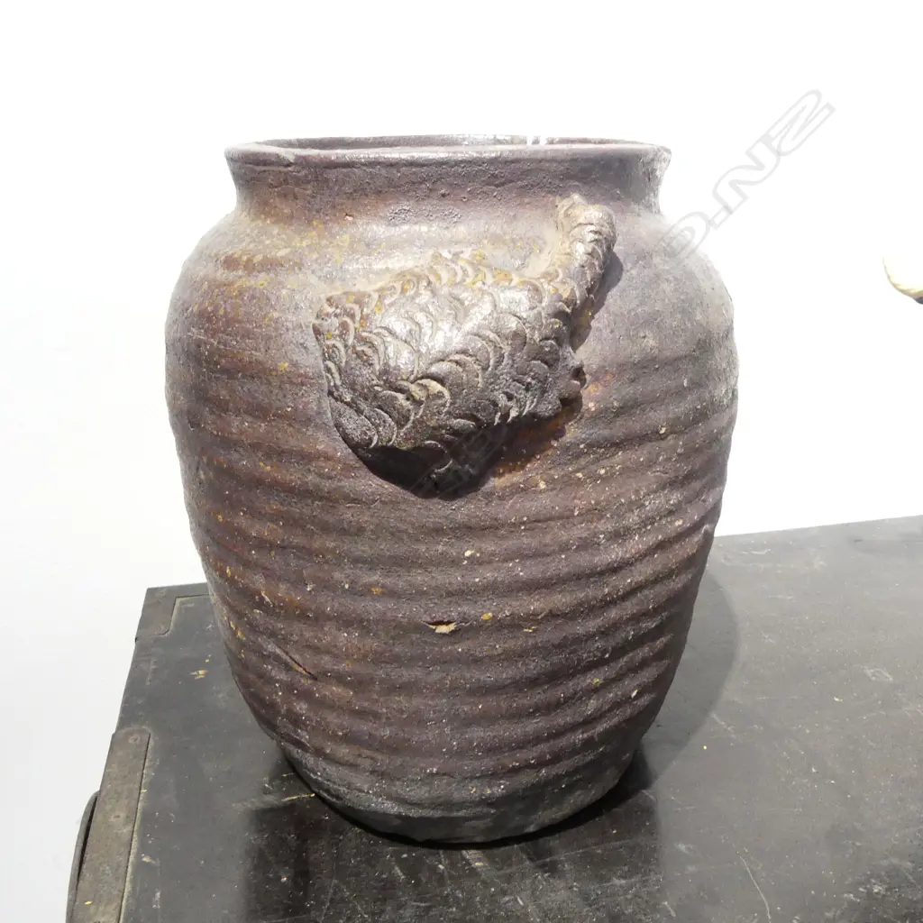 OLD JAPANESE SHIGARAKI ? HAND COILED POT hairline crack to rim pod form sculpted handles H.265mm Image 1++