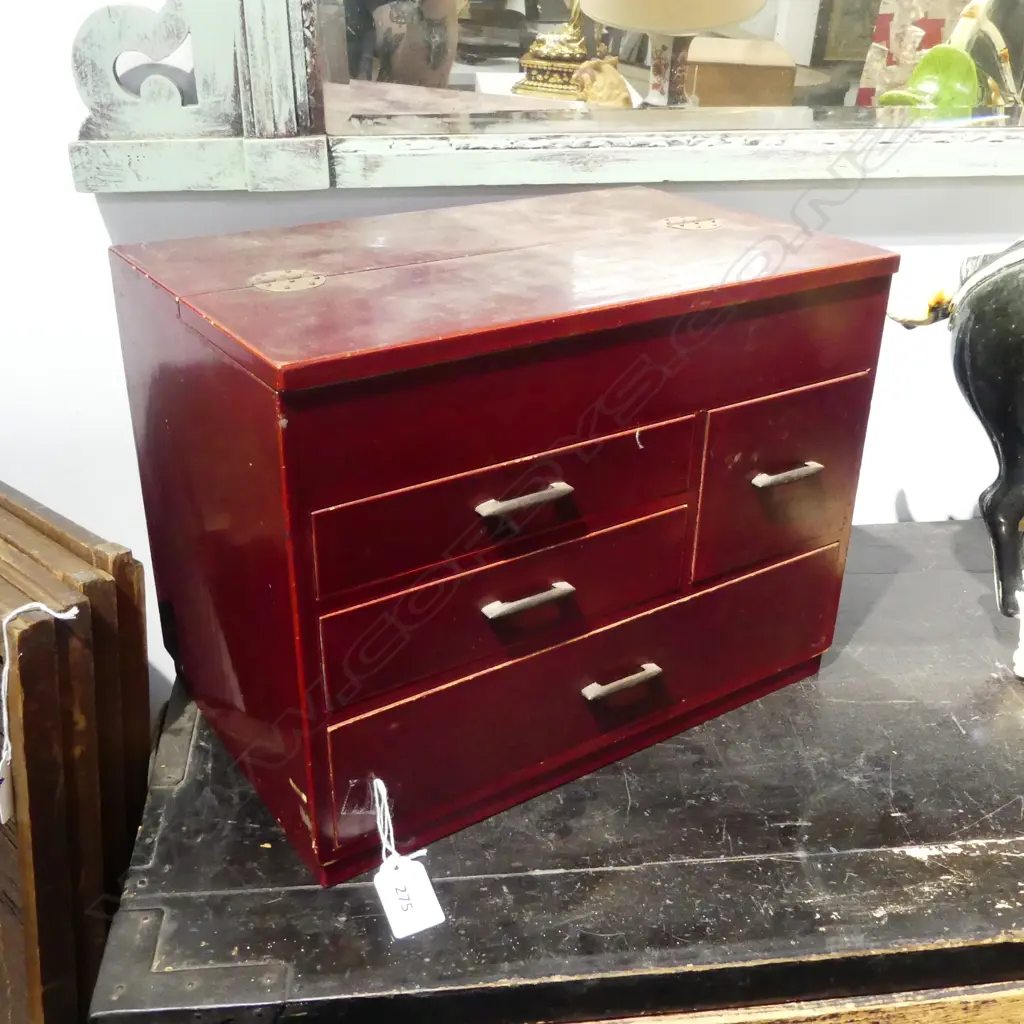 JAPANESE VINTAGE RED LACQUER SEWING BOX W.345mm Image 1++