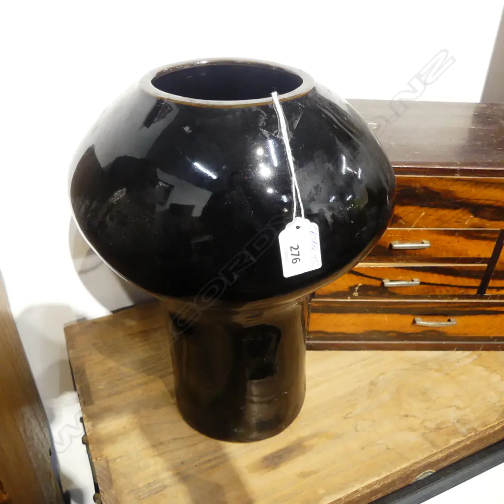 VINTAGE JAPANESE BLACK GLAZED RETRO VASE SWOLLEN TOP H.330mm Image 1++