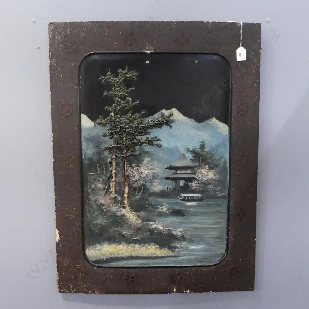 JAPANESE WOOD PANEL ANTQUE ARTWORK RIVER & MOUNTAINS H760 W570MM Image 1++