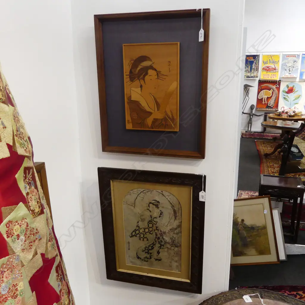 2 FRAMED JAPANESE PICTURES 1 INLAID WOOD 1 WOODBLOCK H290 L190MM Image 1++