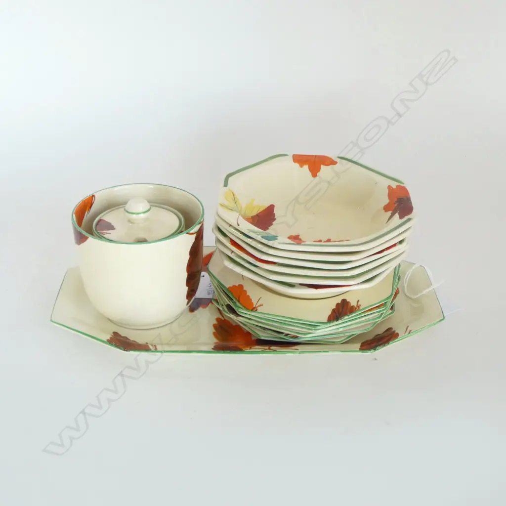 AUTUMN LEAF PAT C/CLIFF CHINA 7PC SANDWICH SET 6 DESSERT BOWLS HONEY POT & CUP Image 1++