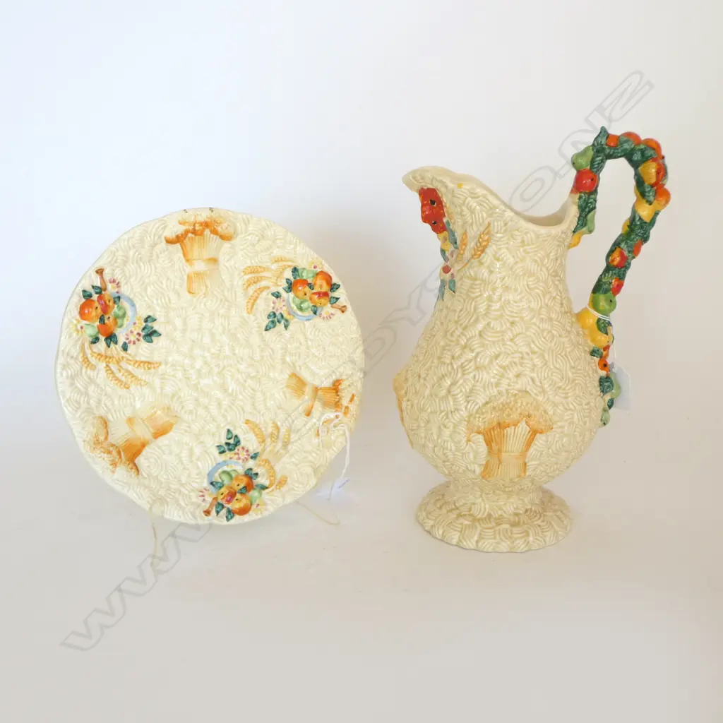 LARGE CLARICE CLIFF 'CELTIC HARVEST' pattern TALL JUG H.290mm & MATCHING PLATE CHIP Image 1++