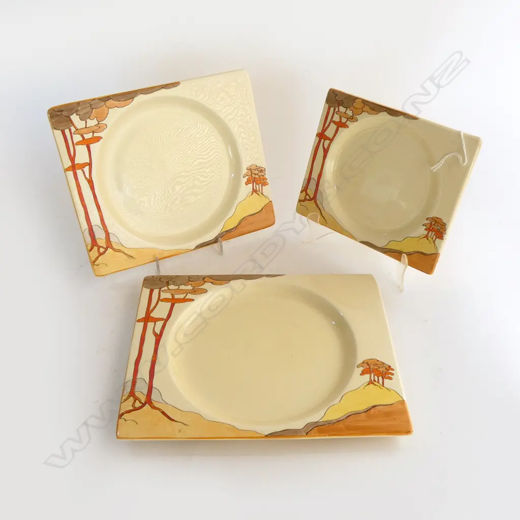 CLARICE CLIFF BIZARRE SET OF 3  RECTANGLE PLATES 'THE BIARRITZ' 'Coral Firs' pattern c.1932. Longest 260mm Image 1++