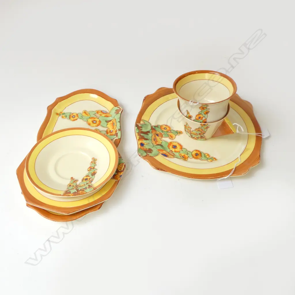 CLARICE CLIFF BIZZARE 'SUNSHINE': conical CSP + 2 SERVING DISHES & SUGAR BOWL Image 1++