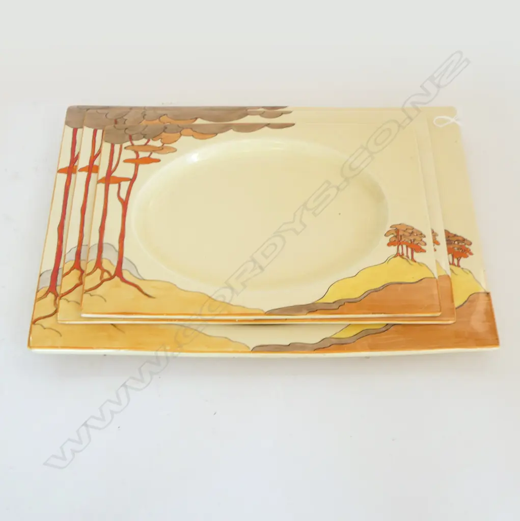 3 LARGE GRADUATED CLARICE CLIFF BIZARRE BIARRITZ ASHETS Lgst.400mm long. 'Coral Firs' pattern Image 1++