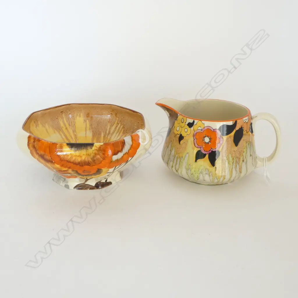 CLARICE CLIFF BIZARRE octagonal 'RODANTHE' BOWL Dia.140mm & Lynton milk JUG Image 1++