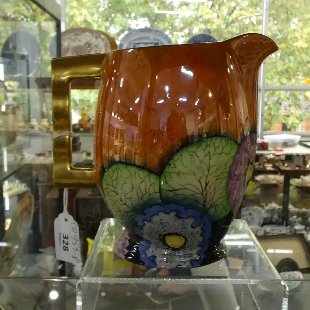 CARLTONWARE ART. DECO MODERNE JUG ORANGE L,USTRE IN HOLLYHOCKS PATTER, WITH WAVY SHAPED GILDED HANDLE H.140mm Image 1++