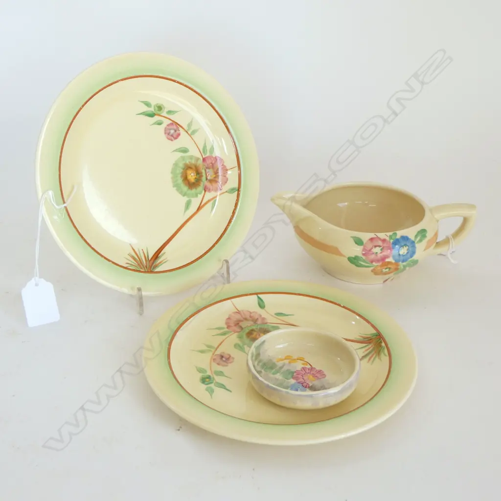 2 CLARICE CLIFF PLATES Dia.190mm JUG & DISH FLORAL 'HONEYDEW' PAT Image 1++