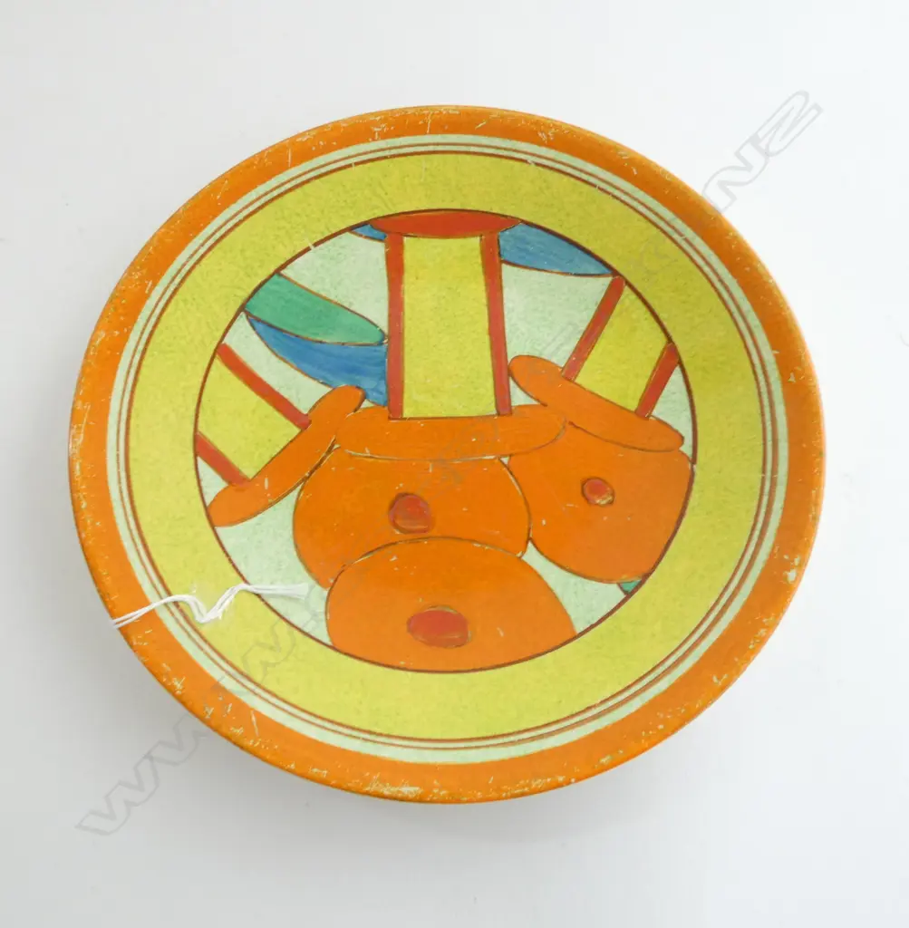 CLARICE CLIFF BRIGHT PAINTED FLORAL PLATE DIA.228mm 'Bobbins' Cafe-Au-Lait tiny chip to back Image 1++