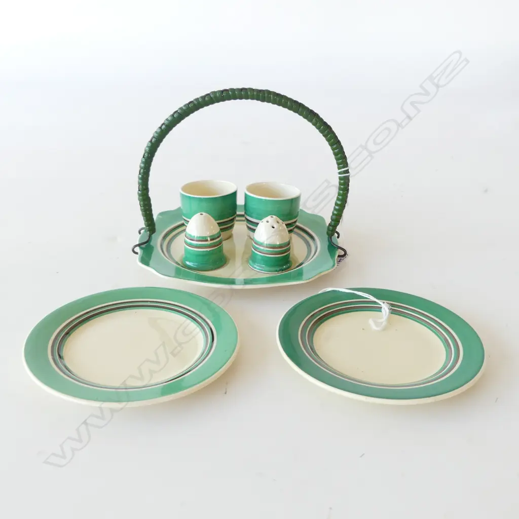 CLARICE CLIFF BIZARRE 'GREEN TANGO' 5PC CONDIMENT SET & 2 SMALL DISHES Image 1++