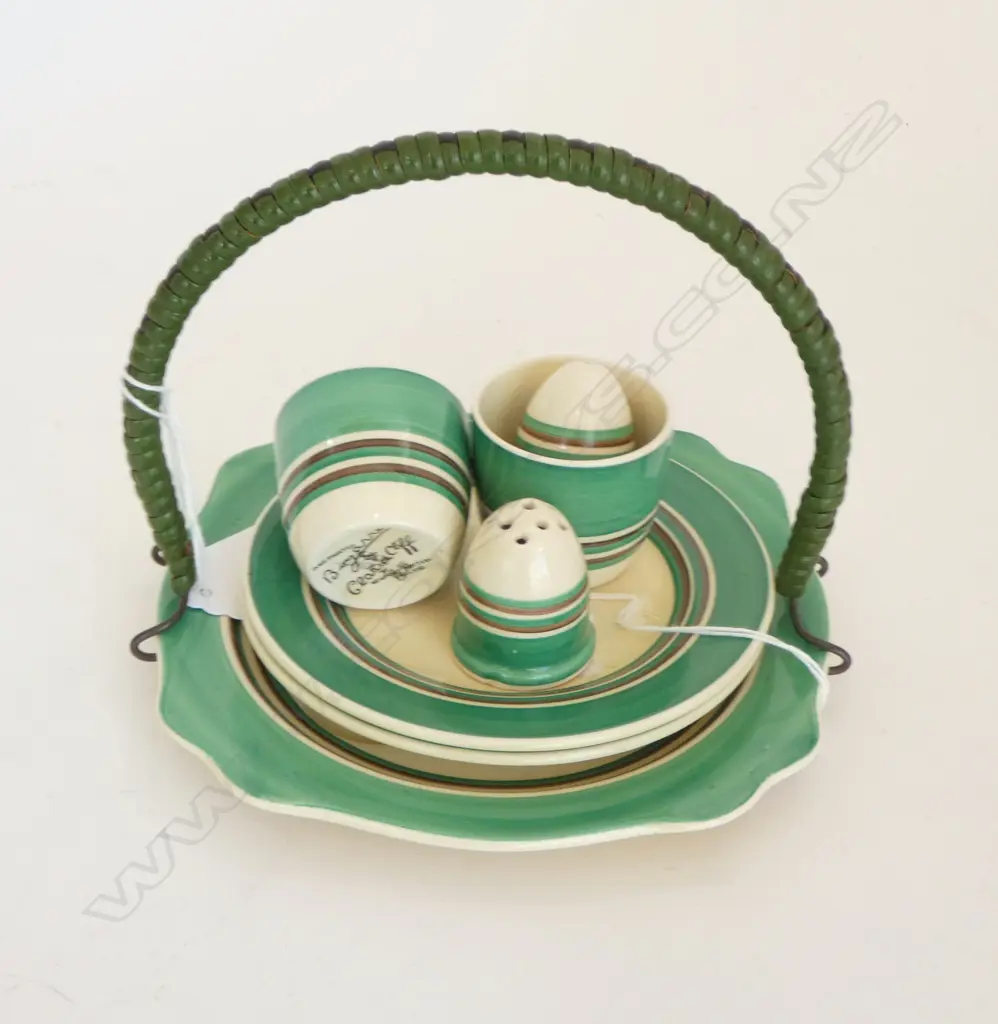 CLARICE CLIFF BIZARRE 'GREEN TANGO' 5PC CONDIMENT SET & 2 SMALL DISHES Image 1++