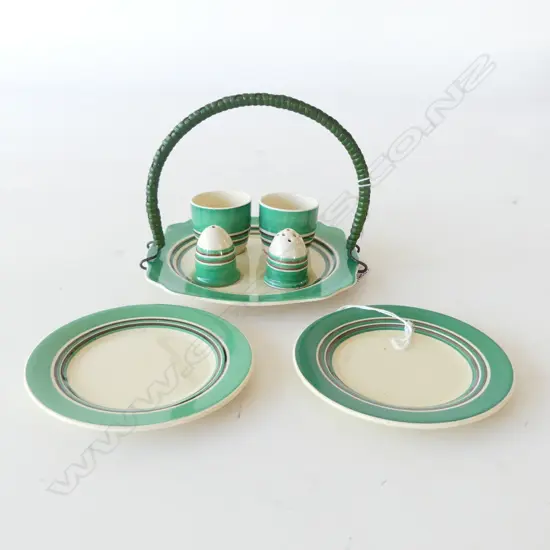 CLARICE CLIFF BIZARRE 'GREEN TANGO' 5PC CONDIMENT SET & 2 SMALL DISHES