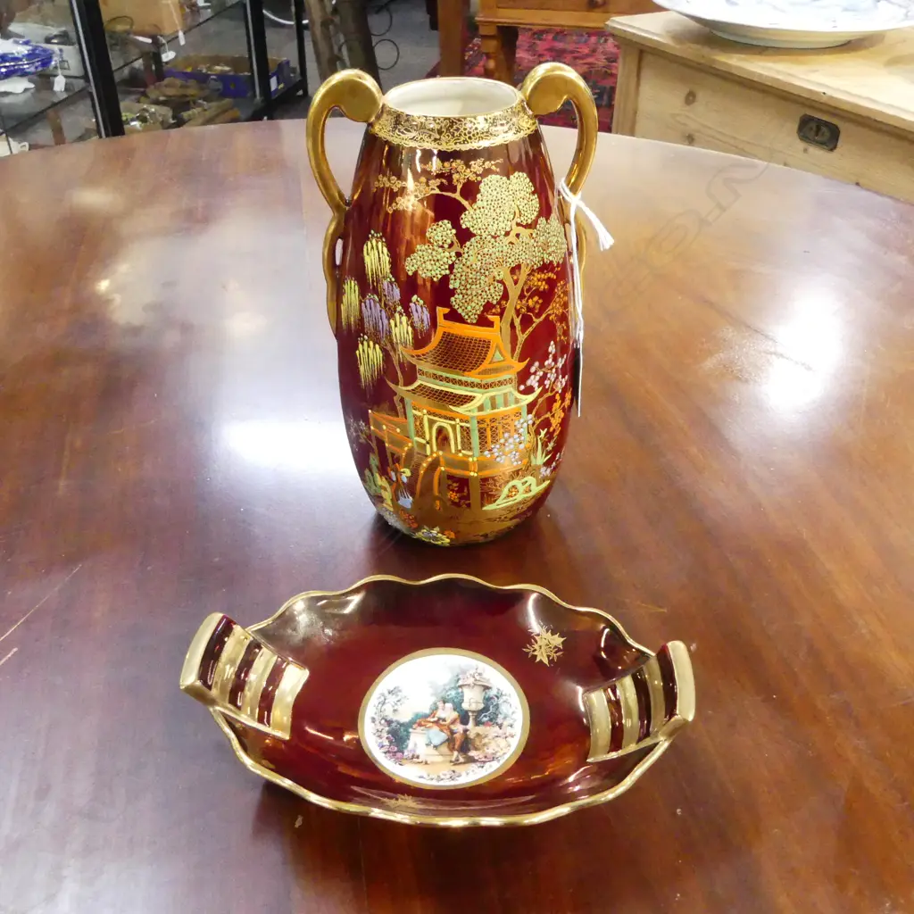 CALTONWARE ROUGE ROYALE VASE MIKADO PATTERN DECO STYLE H.210mm & SMALL DISH WITH SERPENTINE RIM & VIGNETTE IN THE MANNER Image 1++