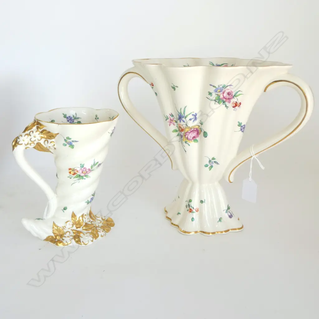 2 x CLARICE CLIFF OLDE BRISTOL PATTERN VASES:  2 HANDLED VASE H.250mm + CORNICOPIA H.180mm Image 1++
