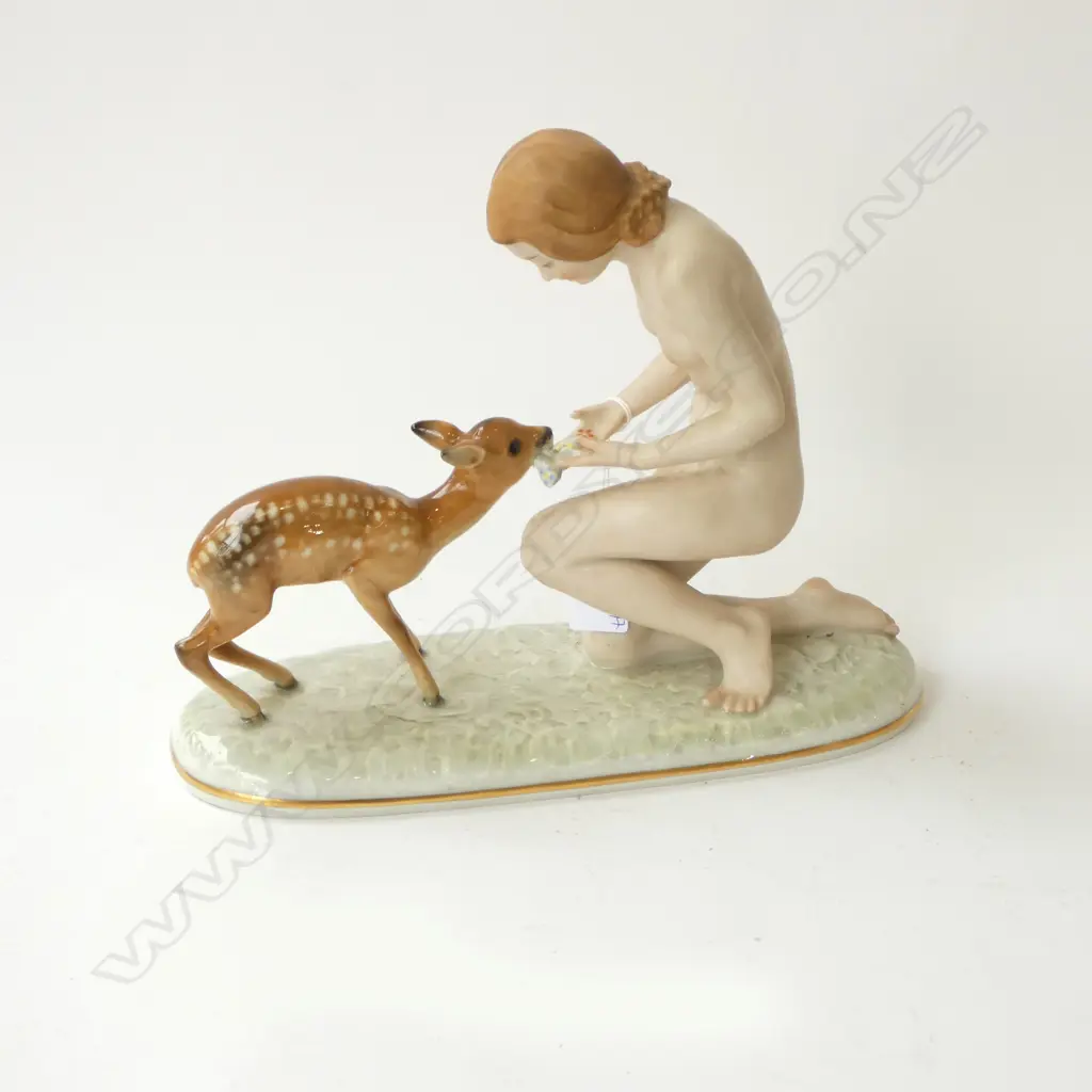 HUTSCHENREUTHER NUDE WOMAN w. DOE DEER FIGURINE H.245mm Image 1++
