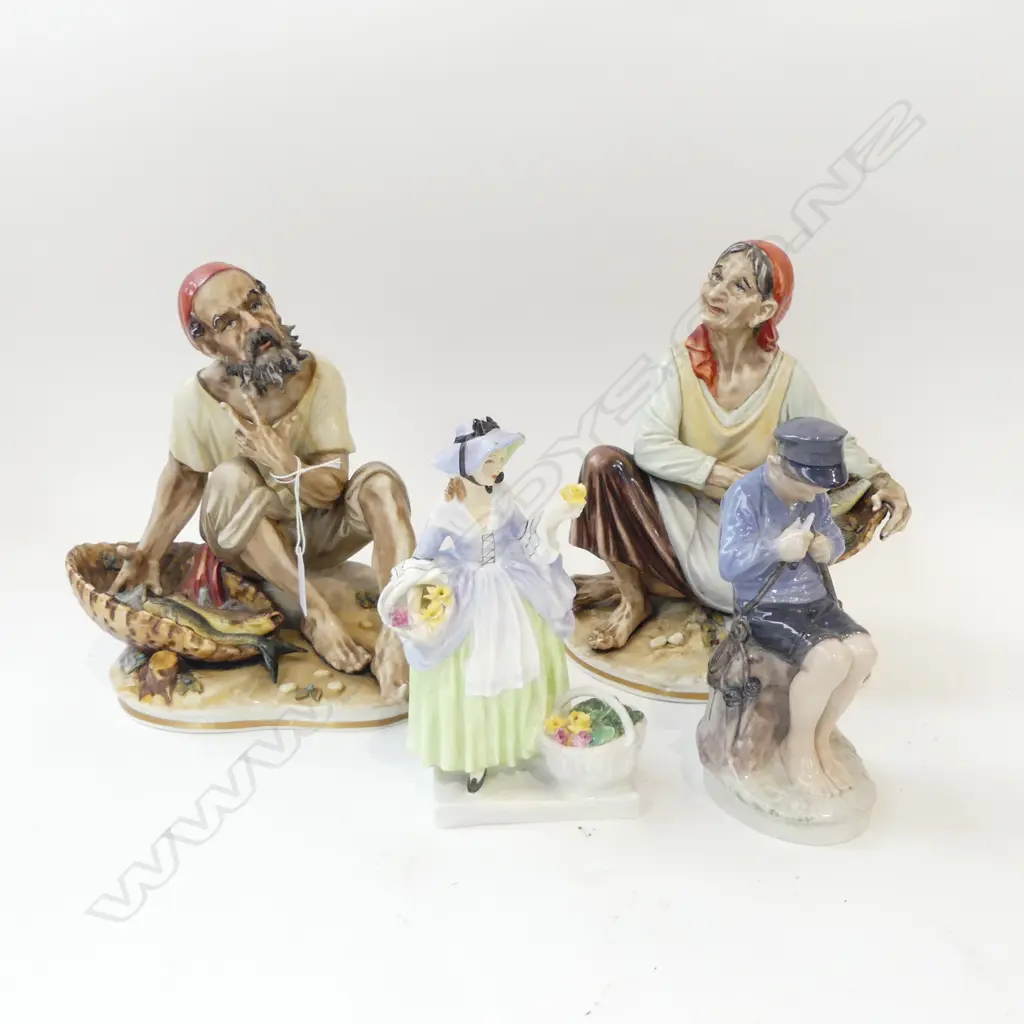 4 FIGURINES; DRESDEN FISHERMAN & WOMAN H.140mm FAULTS, ROYAL DOULTON 'SPRINGFLOWERS', ROYAL COPENHAGEN BOY Image 1++
