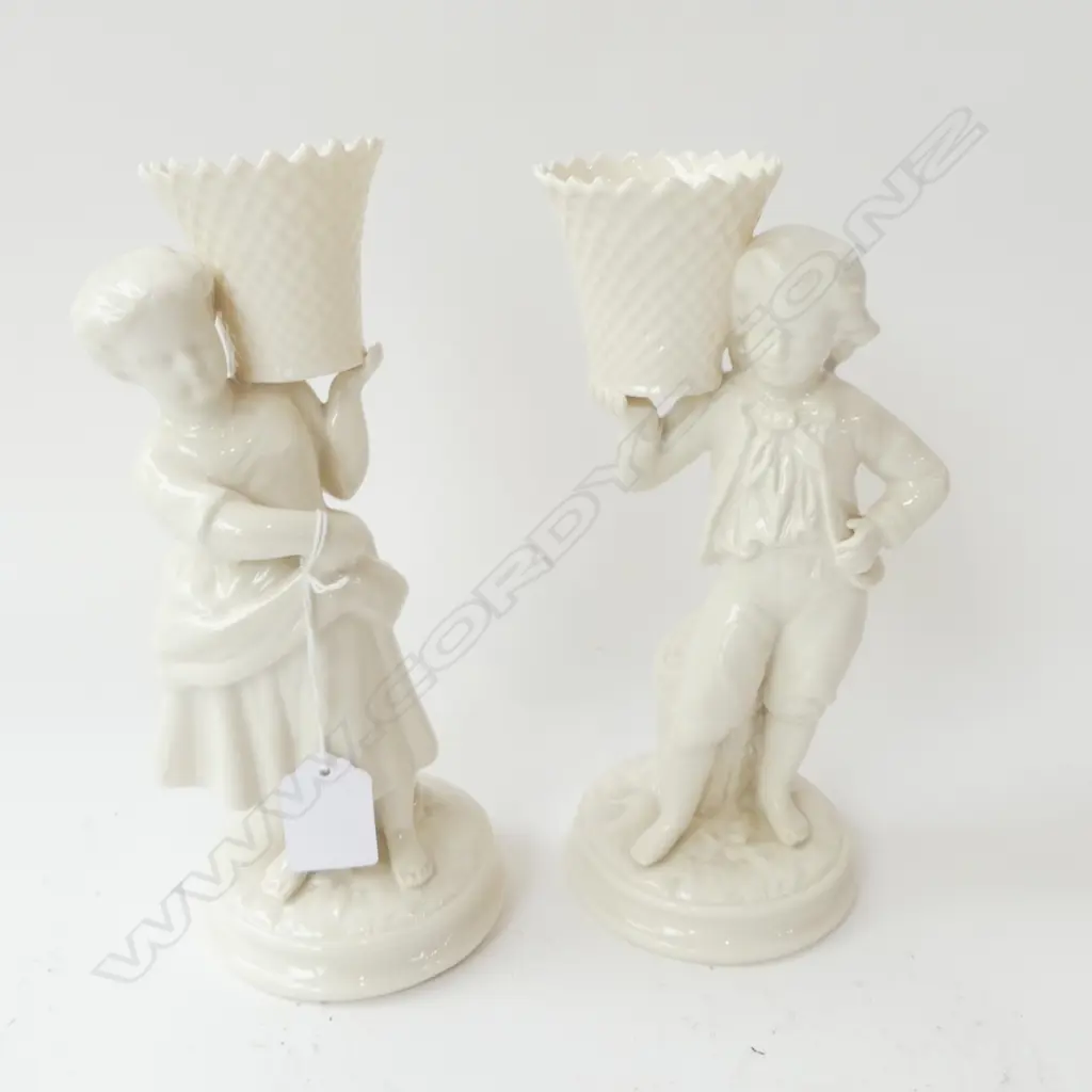 PAIR BLACK MARK BELLEEK FIGURINES, HARVEST GIRL & BOY H.210mm Image 1++
