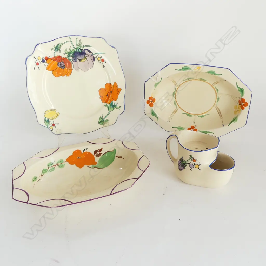 4 'HONEYGLAZE' (Clarice Cliff) PCES:  POPPY PAT PLATE & SHAVING MUG  H.90.mm & 2 OCTAGANAL DISHES L.260mm Image 1++