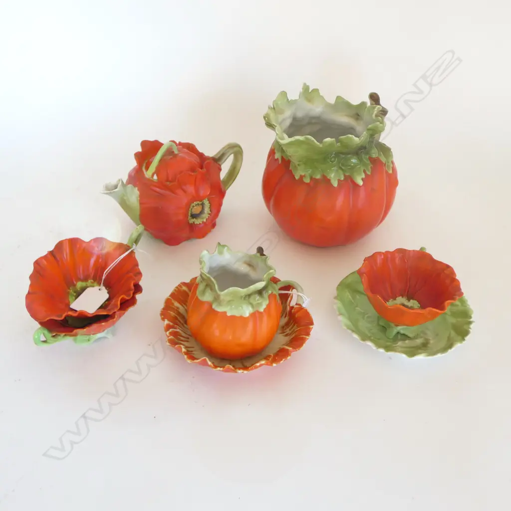 ROYAL BAYREUTH POPPY SHAPED TEASET JUG H.160X130 TPOT SUGAR MILK 1 CUP 2 DISHES Image 1++