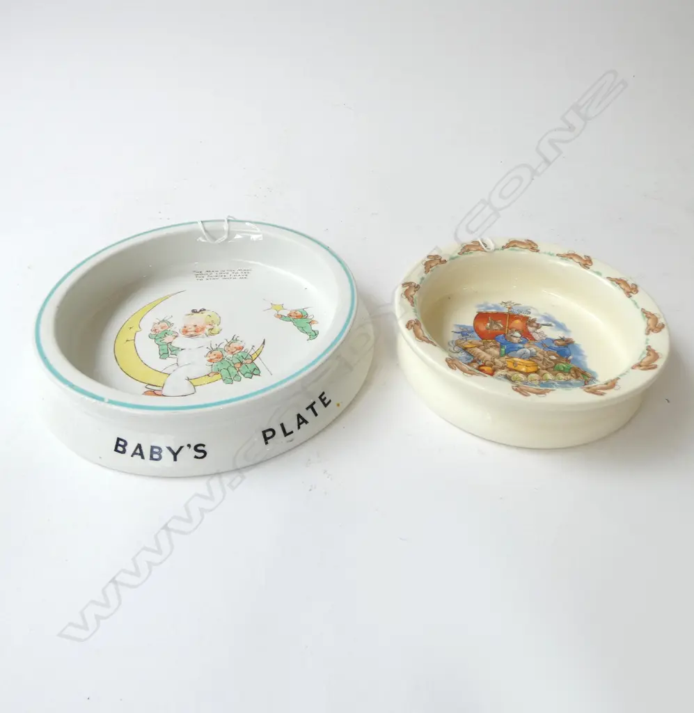 2 BABY PLATES SHELLEY MABEL LUCIE ATTWELL 'THE MAN IN THE MOON' Dia 200mm & R/D BUNNYKINS Dia 152mm Image 1++