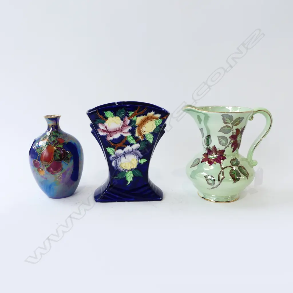 CROWN DEVON LUSTRINE FRUIT VASE + MALING POSY VASE H.175mm & 'BROCADE' JUG Image 1++