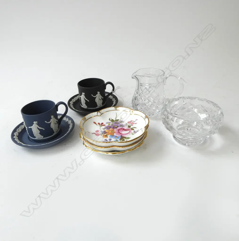 WATERFORD CRYSTAL M/S, PR WEDGWOOD JASPER DEMITASSE C/S & 3 ROYAL CROWN DERBY 'POSIES' DISHES Image 1++