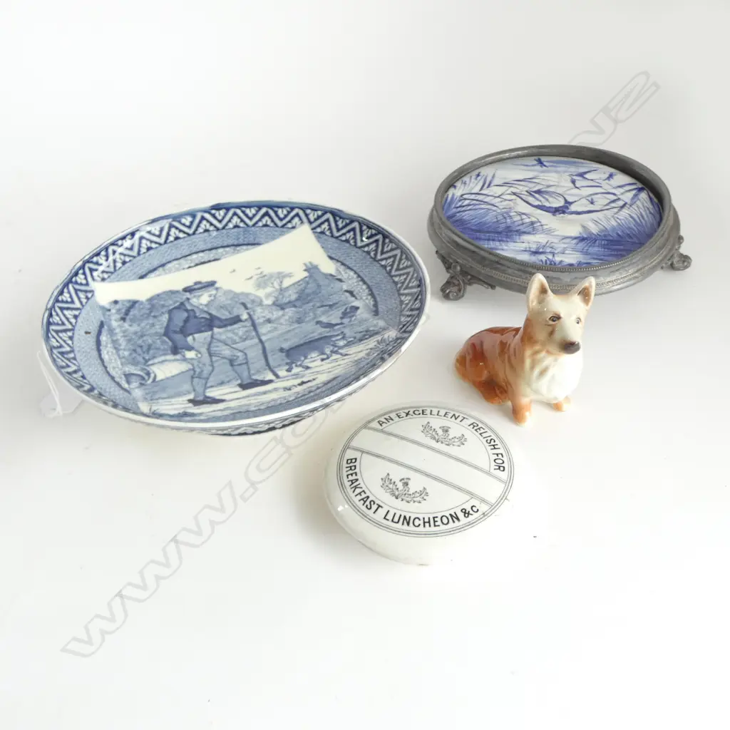 VICTORIAN BOWL/FRAMED TILE/POT LID & CORGI FIGURE (all faulted) Image 1++