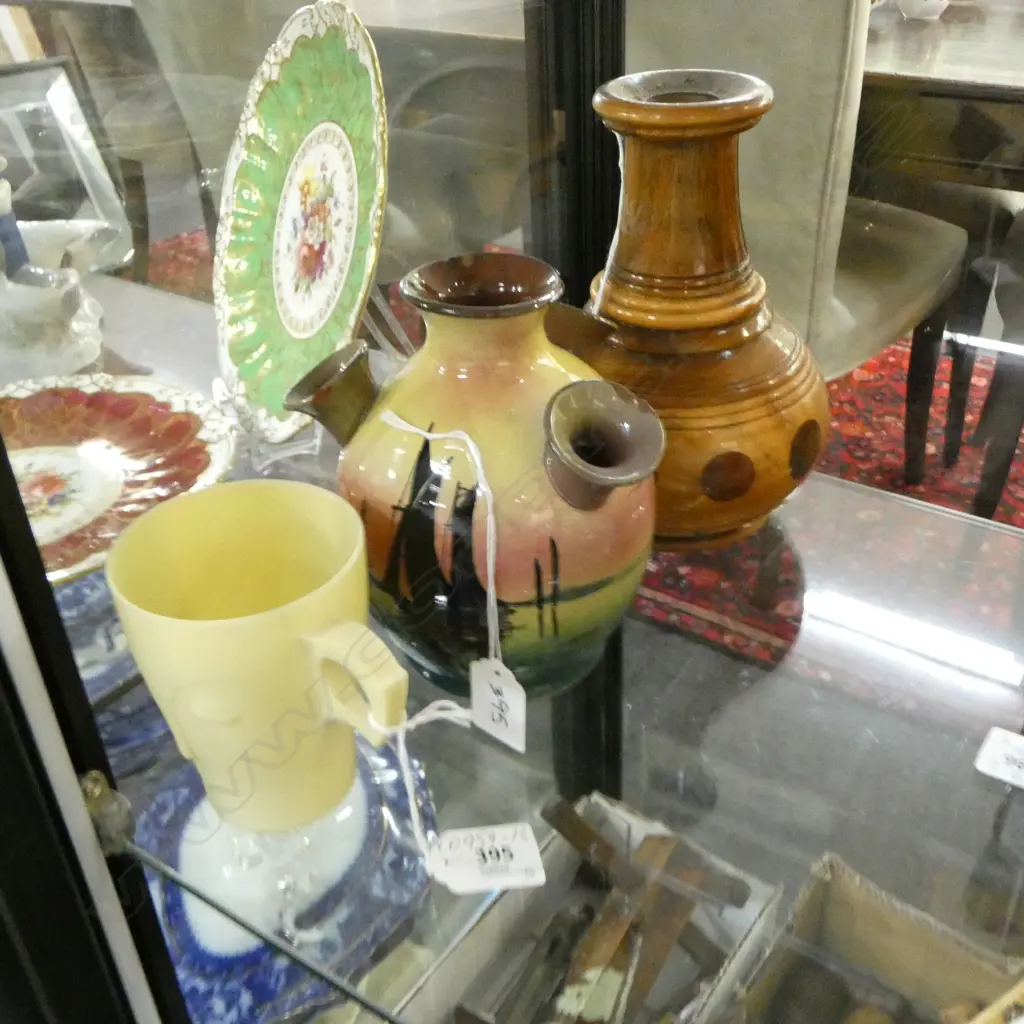 3 ITEMS: TORQUAY MOTTOWARE TULIP JUG WITH SOME CHIPS, H. 160mm; PETRIFIED WOOD? VASE; OVALTINE MUG Image 1++