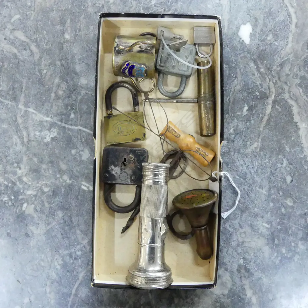 ASSTD. COLLECTIBLES PADLOCKS, TORCH, VICTORY CUP, SCREWDRIVER ETC Image 1++