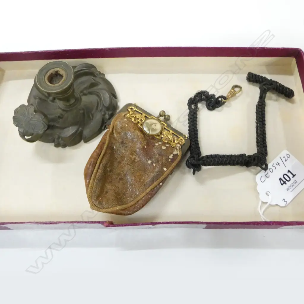 VICTORIAN HAIR ALBERT CHAIN, BOER WAR BUTTON PURSE, DESK SEAL CANDLESTICK Image 1++