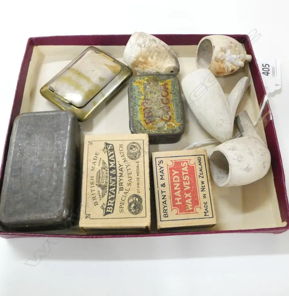 3 VESTA TINS – FRYS COCOA & BELL, WAX VESTAS, 4 CLAY PIPE BOWLS  Image 1++