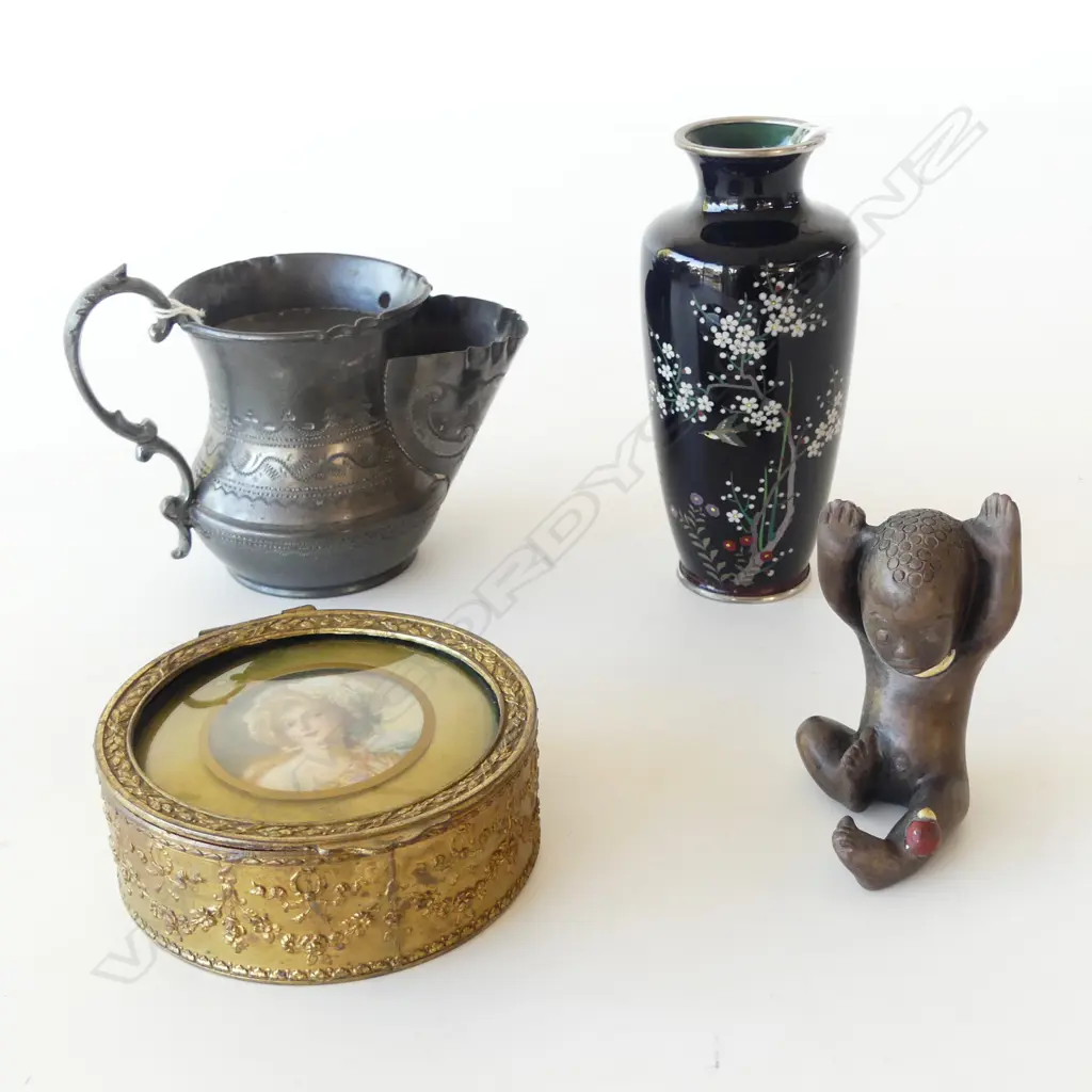 4 ANTIQUE/VINTAGE ITEMS; FRENCH JEWELLERY BOX, JAPANESE CLOISONNE VASE, PEWTER SHAVING MUG & KERAMIK BOY Image 1++