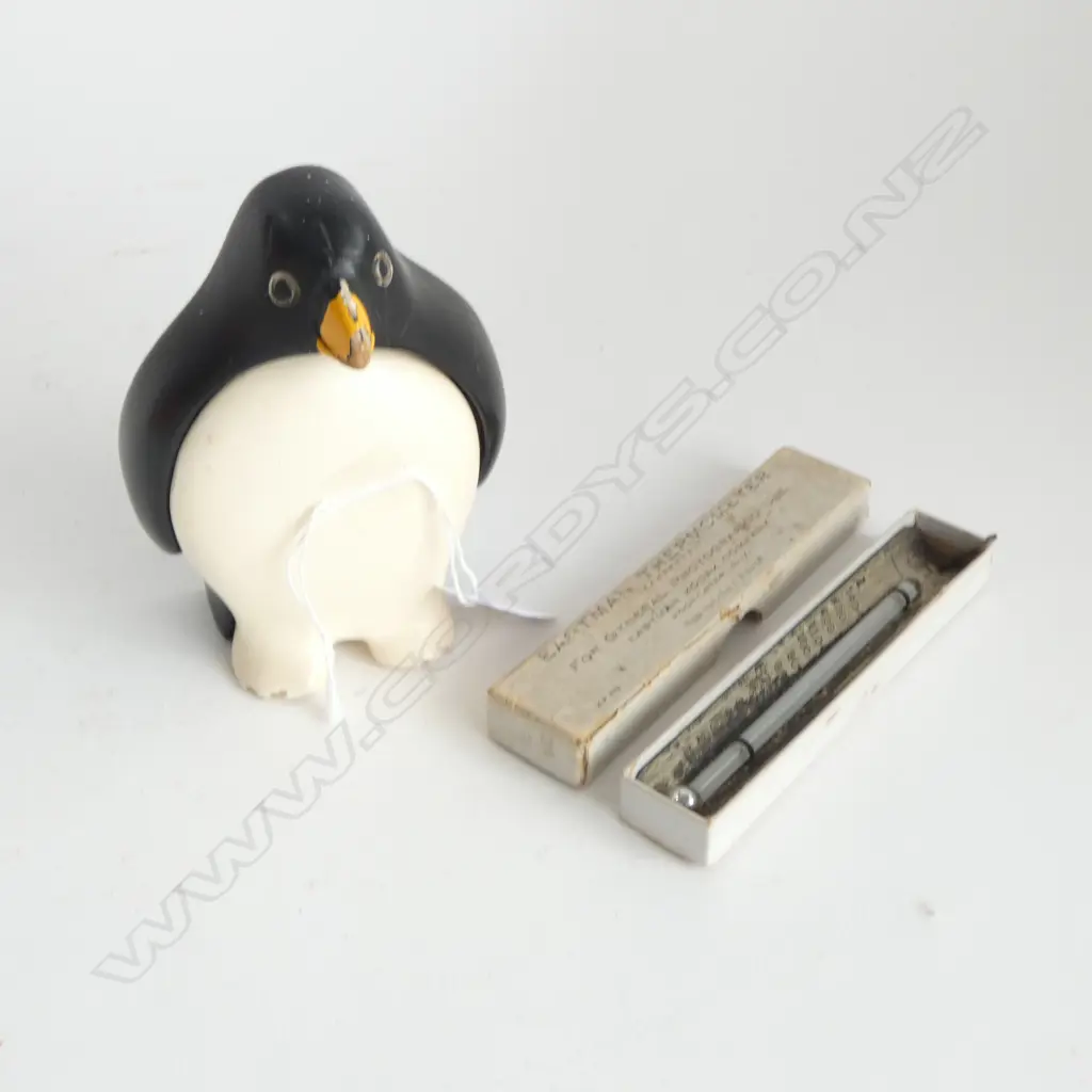 Lucid Lines Inc  vintage painted wooden penguin lidded ashtray ? + Eastman thermometer boxed. Image 1++