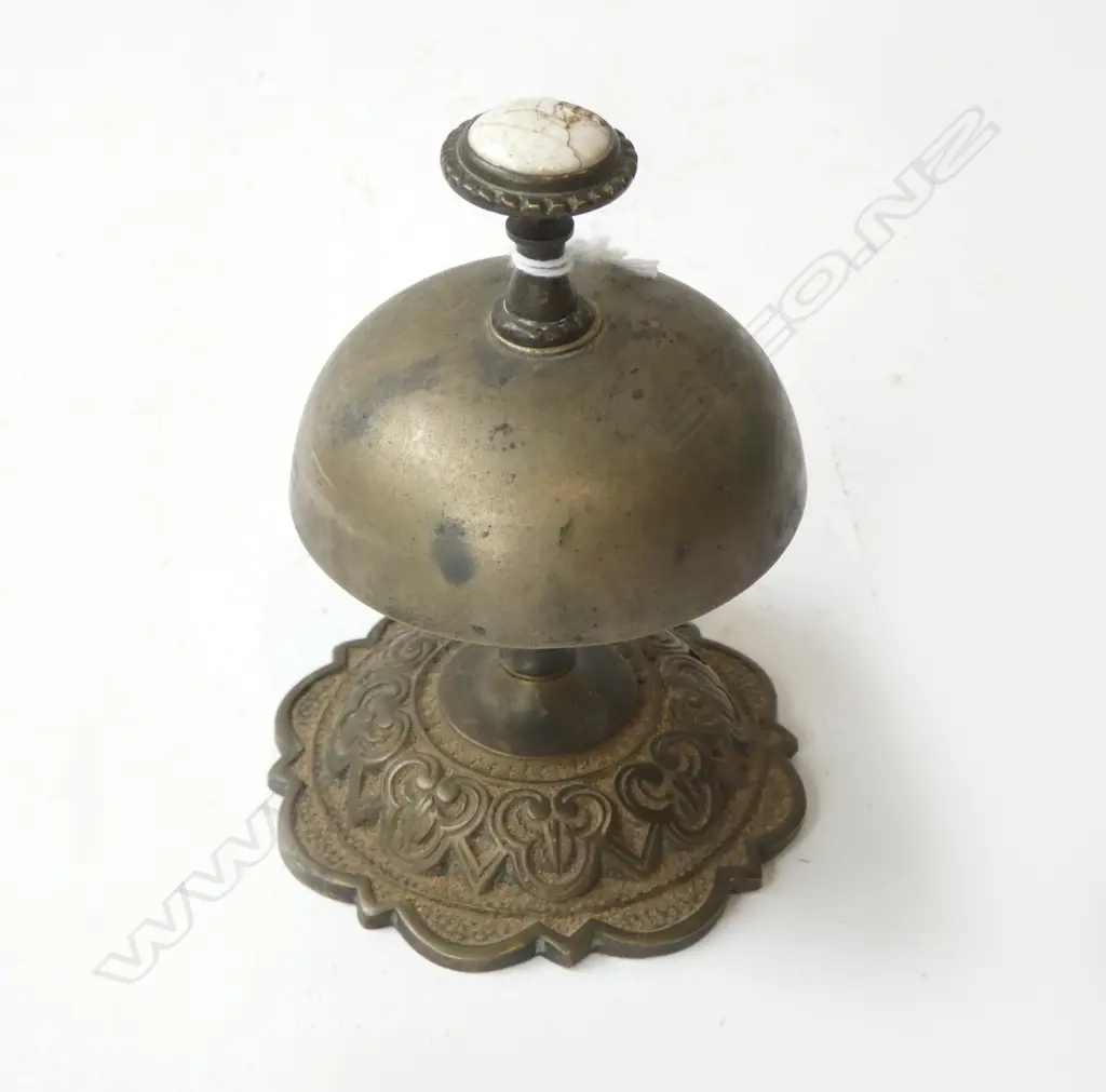 VICTORIAN BRASS SHOP BELL H.110mm CERAMIC PRESS BUTTON AF Image 1++