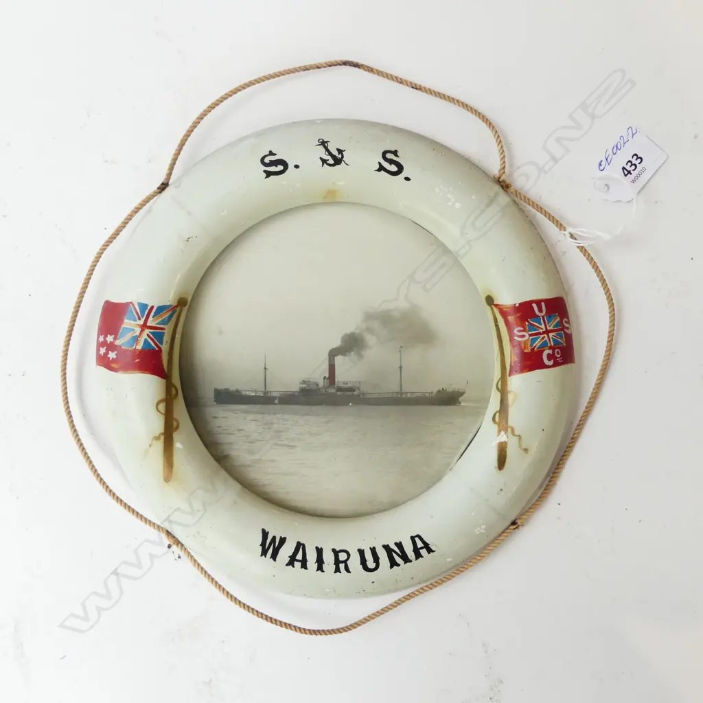 LIFE BUOY framed & named photo 'S.S. WAIRUNA' under steam. NZ USSCo. Dia.220mm  Image 1++