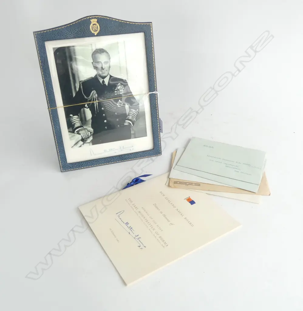 LORD MOUNTBATTEN SIGNED PHOTOGRAPH + 5 LETTERS between Mountbatten & Lt. Commander R.G. Adams + signed menu Image 1++