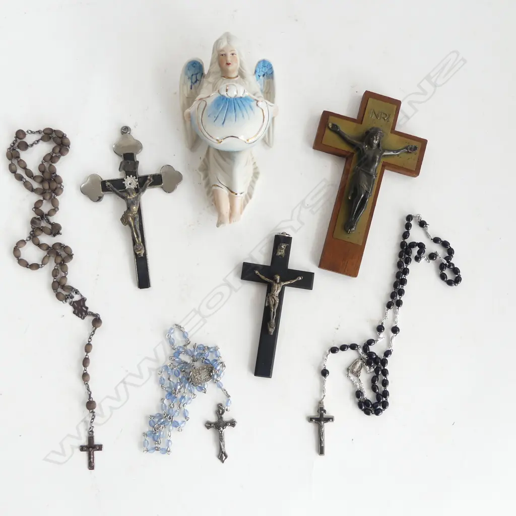 ASST. RELIGIOUS ITEMS; ANTIQUE BISQUE FONT, 2 WALL CRUCIFIX, PILGRIM'S CROSS & 3 ROSARIES Image 1++