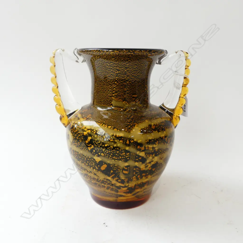 VINTAGE JAPANESE ART GLASS VASE GOLD FLECKED + BLACK INTERIOR  Image 1++