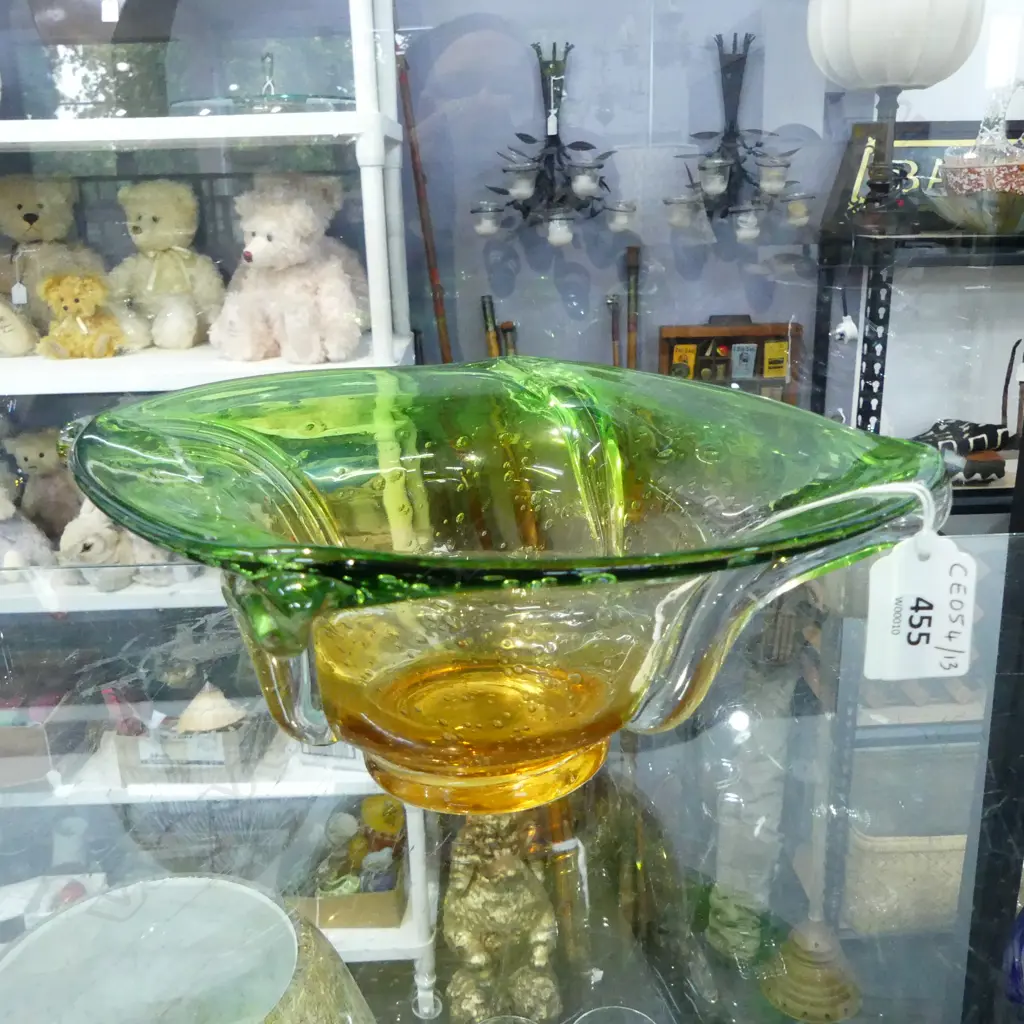 1960’S MURANO BULLICANTE GREEN & AMBER GLASS BOWL, D.240mm, H.110mm  Image 1++
