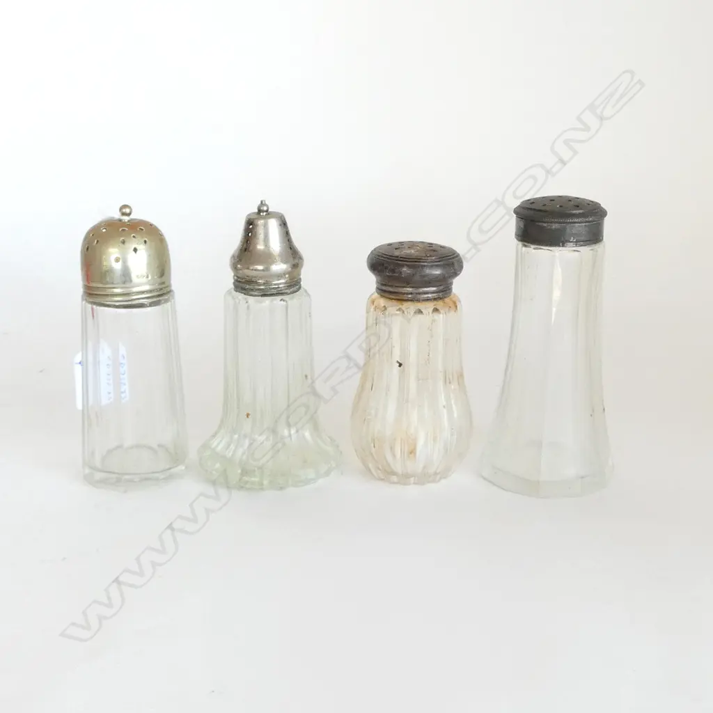 4 GLASS/CRYSTAL ICING SUGAR SHAKERS 1 with sterling top Image 1++