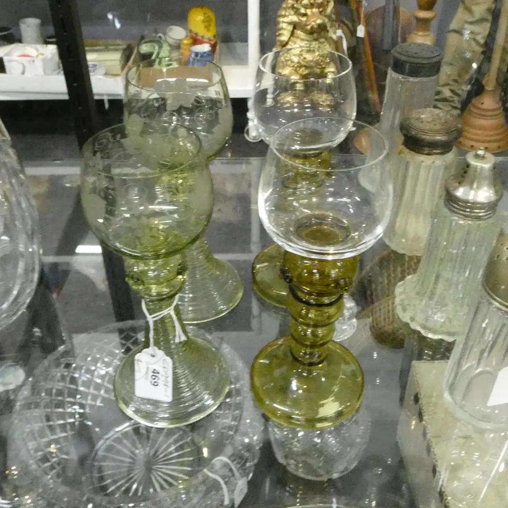 4 ANTIQUE ORNATE WINE GLASSES c1900 H180mm Image 1++