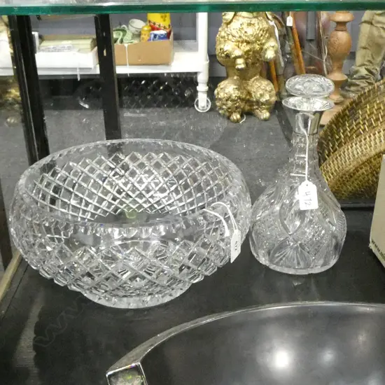 LARGE STRAWBERRY CUT CRYSTAL BOWL Dia 300mm & CRYSTAL DCANTER WITH STERLING SILVER COLLAR H.255mm