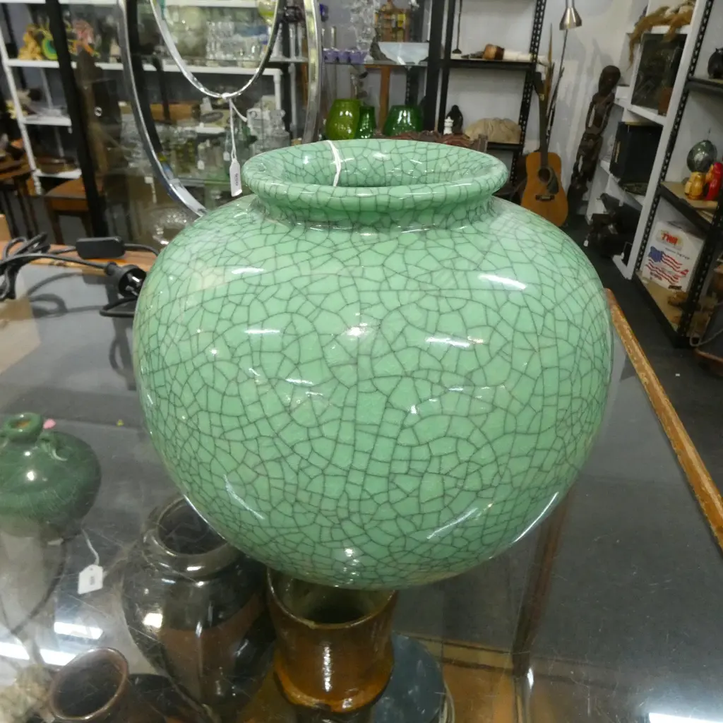 VINTAGE JAPANESE GREEN CRACKLE GLAZE VASE H.225mm Image 1++