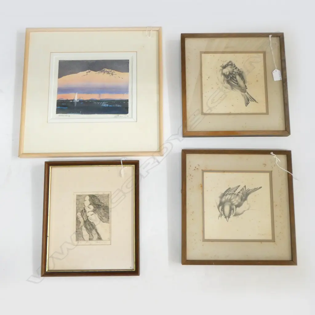 4 FRAMED WORKS; 2 HOWITT '79 BIRD ETCHINGS, FRAMED ETCHING by TAKASHIMA & OTHER PRINT 'ANTARTICA' 200x240mm Image 1++