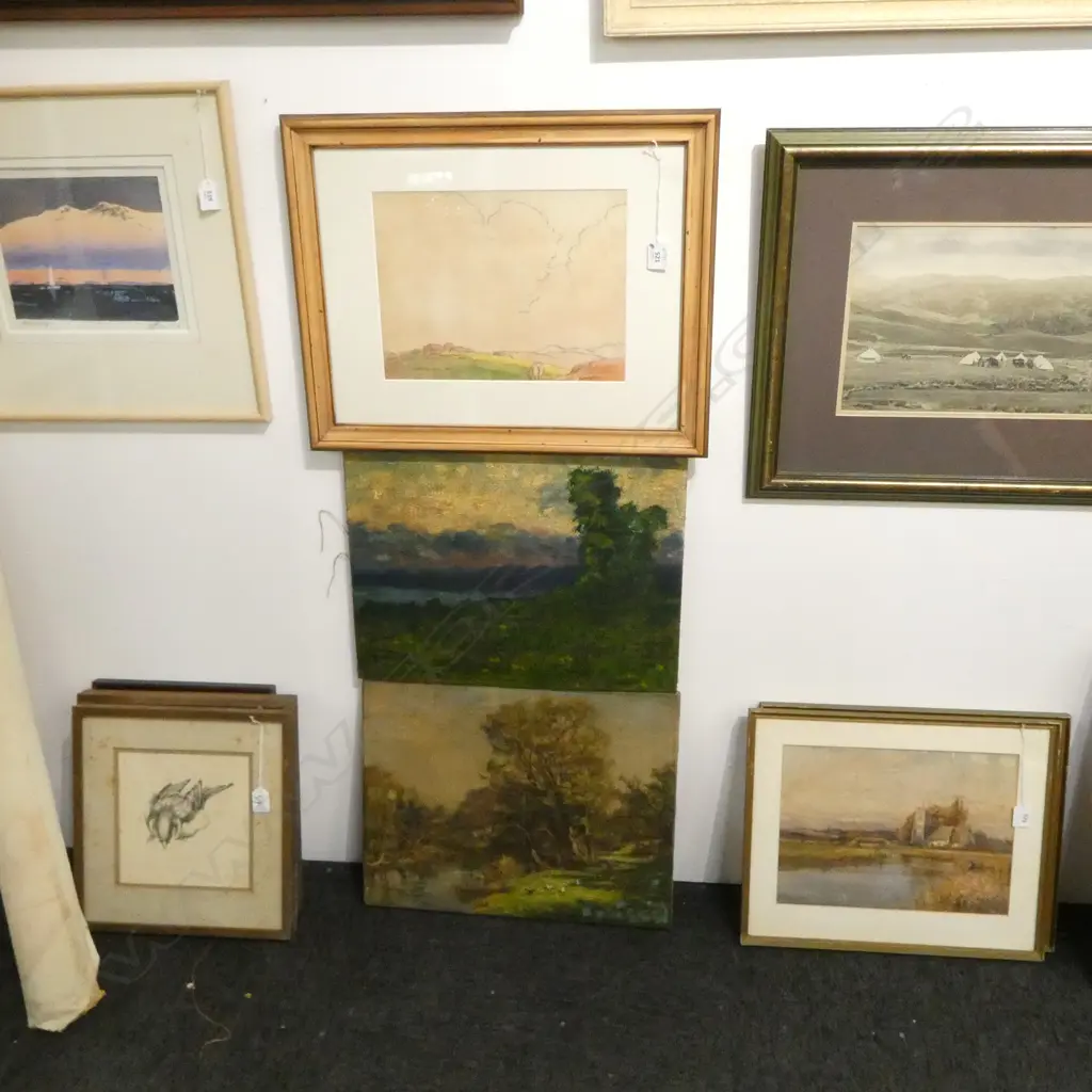 3 ARTWORKS; R J WAGHORN (NZ 1898-1987) LANDSCAPE, WC '38 230x310mm, 2 LANDSCAPE OILS Image 1++
