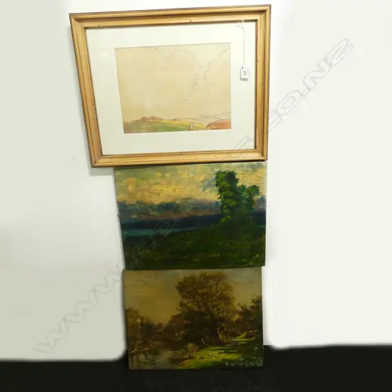 3 ARTWORKS; R J WAGHORN (NZ 1898-1987) LANDSCAPE, WC '38 230x310mm, 2 LANDSCAPE OILS