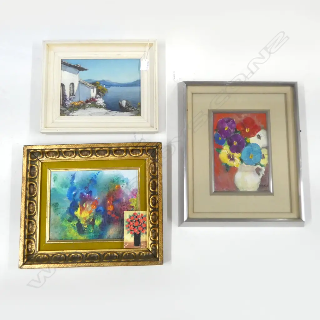 3 FRAMED WORKS; 2 FLORAL & MEDITERRANEAN SCENE, LARGEST 190x140mm Image 1++
