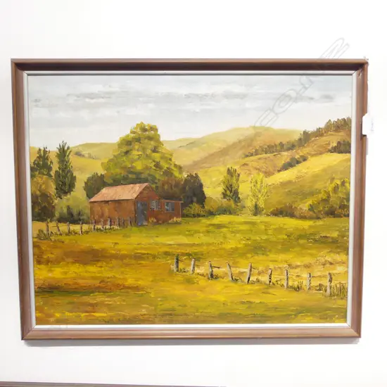 JUNE SHIEFF, FARM LANDSCAPE w. SHED, OIL ON BOARD 435x550mm