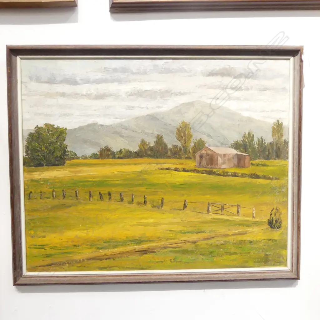 JUNE SHIEFF, FARM LANDSCAPE w. SHED, OIL ON BOARD 400x500mm Image 1++